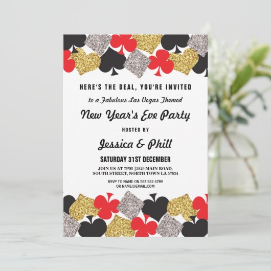 New Year Eve Party Las Vegas Casino Glitter Uitnod Kaart (Staand voorkant)