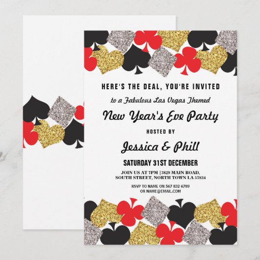 New Year Eve Party Las Vegas Casino Glitter Uitnod Kaart (Voorkant / Achterkant)