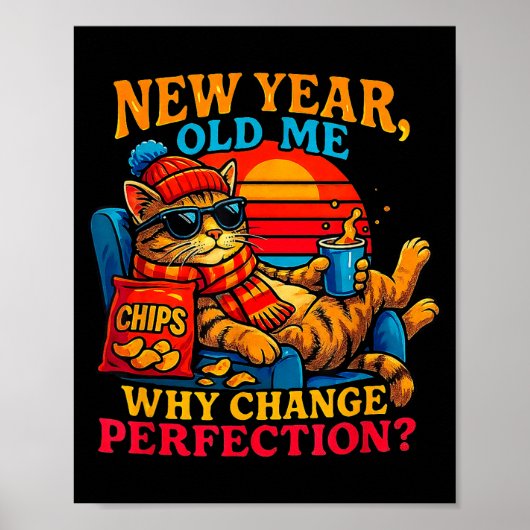 New Year Old Me Funny Cat Retro Lazy Meme Gift  Poster (Voorkant)