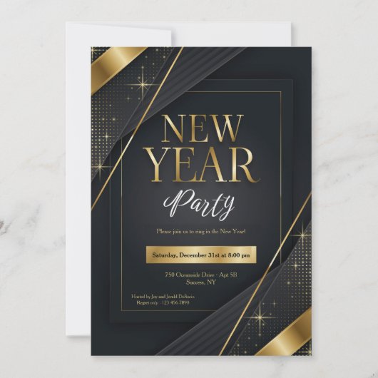 New Year Party Invitation Black and Gold Kaart (Voorkant)
