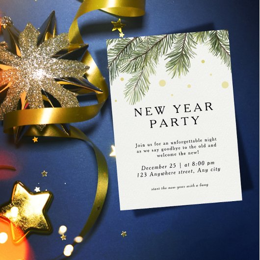 New Year Party Invitation | Pine Branch Festive  Kaart