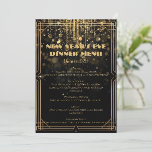 New Year’s Eve Menu | Elegant Black & Gold Glitter Kaart (Staand voorkant)