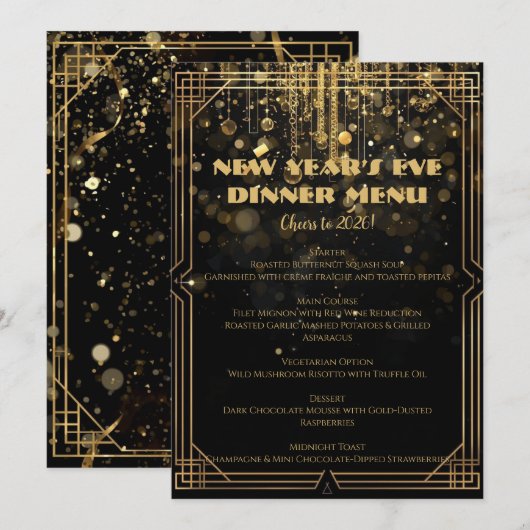 New Year’s Eve Menu | Elegant Black & Gold Glitter Kaart (Voorkant / Achterkant)