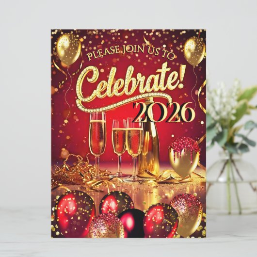 New Year’s Eve Party Red Gold Champagne Streamers Kaart (Staand voorkant)