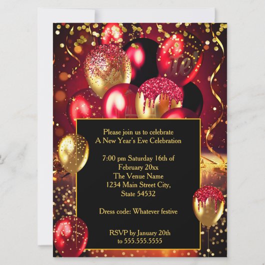 New Year’s Eve Party Red Gold Champagne Streamers Kaart (Achterkant)