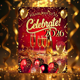 New Year’s Eve Party Red Gold Champagne Streamers Kaart