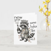 New Year Same Baka Life Funny Raccoon New Year's E Kaart (Gele Bloem)