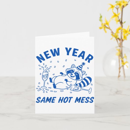 New Year Same Hot Mess Raccoon Fun Party Kaart (Gele Bloem)