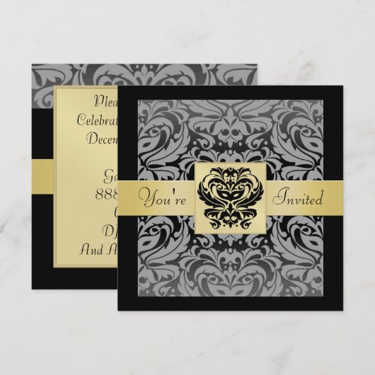 New Years Black Mask Damask Gold Ribbon Uitnodigin Kaart (Voorkant / Achterkant)