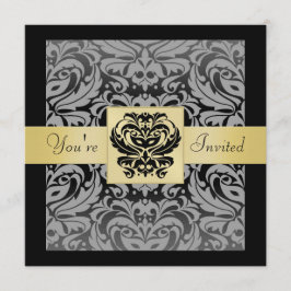 New Years Black Mask Damask Gold Ribbon Uitnodigin Kaart