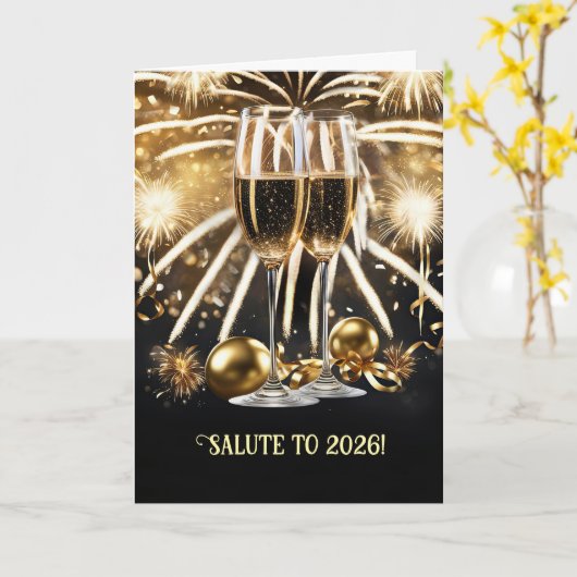 New Years Cheers Salute 2026 Champagne Fireworks  Kaart (Gele Bloem)