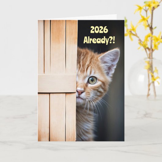 New Years Cute Funny 2026 Ginger Orange Kitten  Kaart (Gele Bloem)
