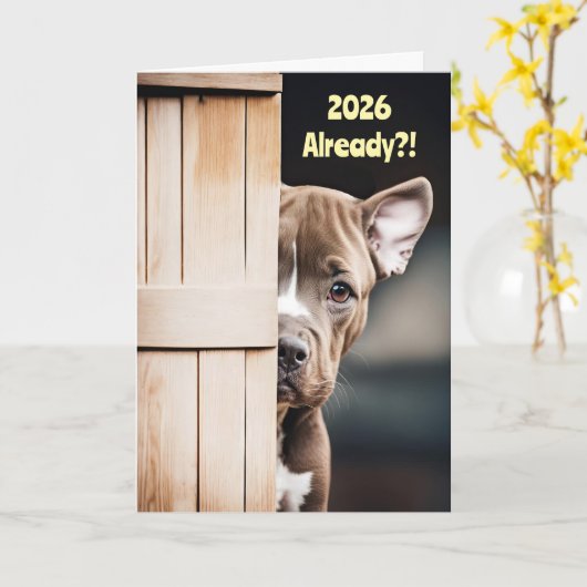 New Years Cute Funny 2026 Pitbull Puppy Door Kaart (Gele Bloem)
