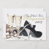 New Year's Eve Black Hoge hakken Masquerade Invite Kaart (Voorkant)