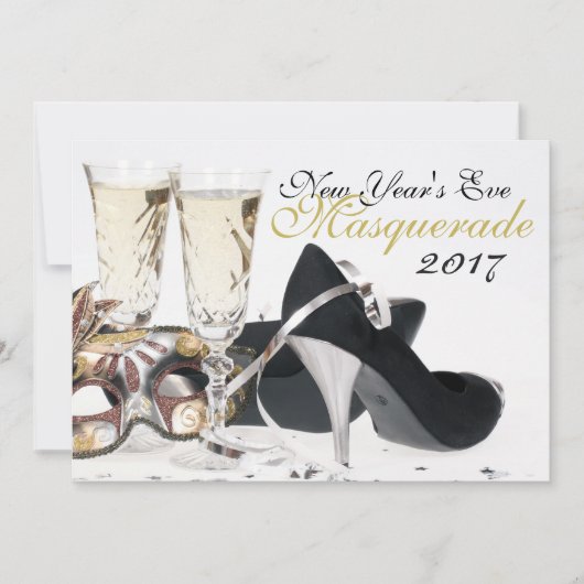 New Year's Eve Black Hoge hakken Masquerade Invite Kaart (Voorkant)