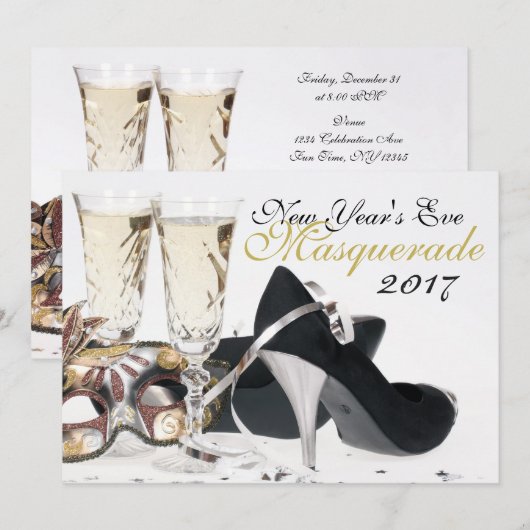 New Year's Eve Black Hoge hakken Masquerade Invite Kaart (Voorkant / Achterkant)