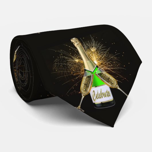 New Years Eve Champagne Bottle Fireworks Necktie Stropdas (Opgerold)