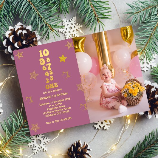 New Year's Eve Countdown 1e Verjaardag Foto Kaart