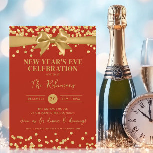 New Years Eve Gold Glitter Confetti & Bow Red Kaart