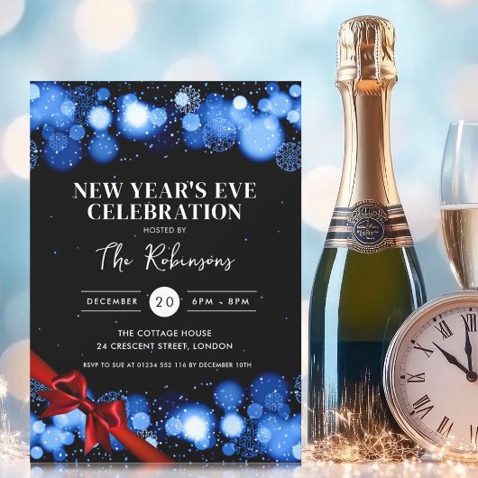 New Years Eve Navy Black Winter Wonder Red Bow Kaart