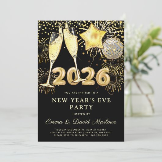 New Year's Eve Party 2026 Gold Black Modern Kaart (Staand voorkant)