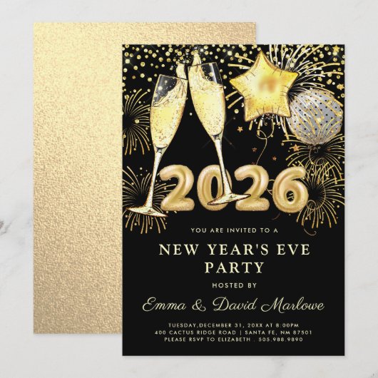 New Year's Eve Party 2026 Gold Black Modern Kaart (Voorkant / Achterkant)