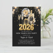 New Year's Eve Party Balck Gold Glitter Champagne Kaart (Staand voorkant)