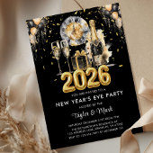 New Year's Eve Party Balck Gold Glitter Champagne Kaart
