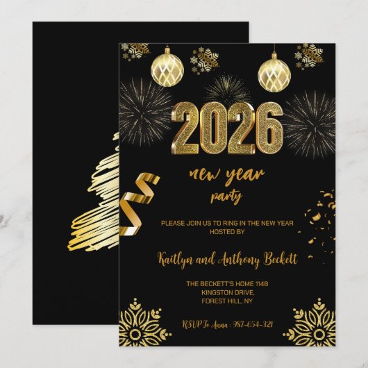 New Year's Eve Party Black & Gold Balloon Confetti Kaart (Voorkant / Achterkant)