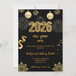 New Year's Eve Party Black & Gold Balloon Confetti Kaart