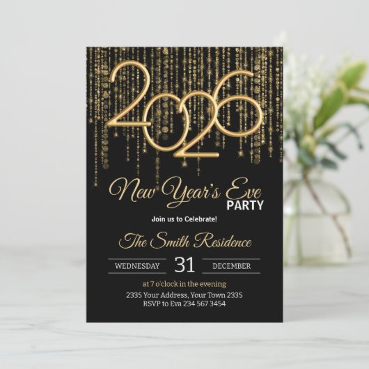 New Year's Eve Party Black & Gold Confetti Kaart (Staand voorkant)