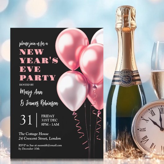 New Years Eve Party Blush roze ballonnen zwart Kaart