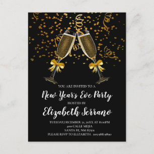 New Year's Eve Party Champagne Glasses Gold Black Uitnodiging Briefkaart