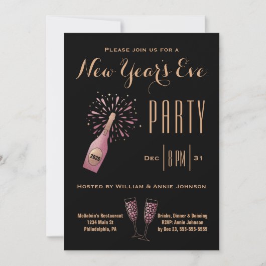 New Year's Eve Party Champagne Gold Black Pink Kaart (Voorkant)
