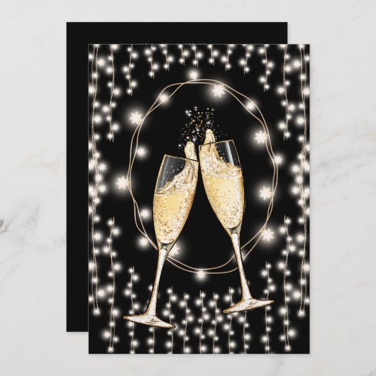 New Year's Eve Party Champagne String Lights Black Kaart (Voorkant / Achterkant)