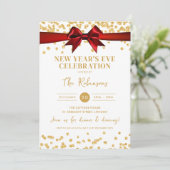 New Years Eve Party Gold Glitter Confetti Red Bow Kaart (Staand voorkant)