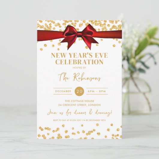 New Years Eve Party Gold Glitter Confetti Red Bow Kaart (Staand voorkant)