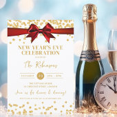 New Years Eve Party Gold Glitter Confetti Red Bow Kaart