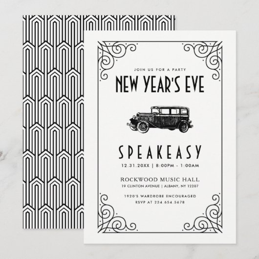 NEW YEAR'S EVE PARTY INVITATION 1920's Speakeasy Kaart (Voorkant / Achterkant)