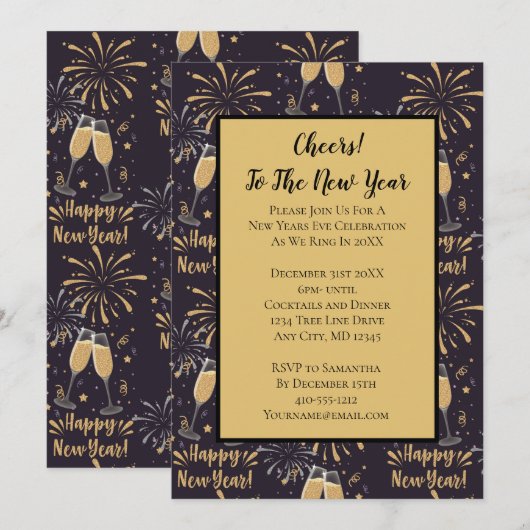New Years Eve Party Invitation Champagne Fireworks Kaart (Voorkant / Achterkant)