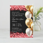 New Years Eve Red Shimmering Lights Gouden Ballonn Kaart (Staand voorkant)