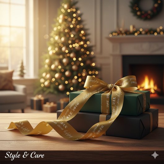 New Years Eve Satin Ribbon with Yellow Brown Tones Satijnen Lint