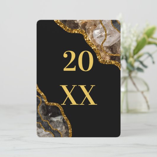 New Years Holiday, Black & Gold Agate Geode Glitte Feestdagenkaart (Staand voorkant)