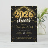New Year's Party 2026 Gold Black Modern Kaart (Staand voorkant)