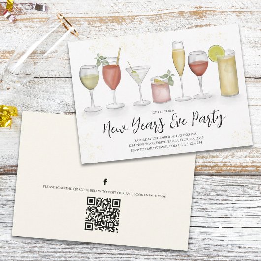 New Years Party Champagne Waterverf QR Code Event Kaart