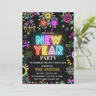 New Years Party invite, Glow NYE invitation Kaart