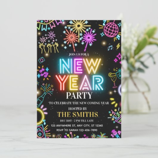 New Years Party invite, Glow NYE invitation Kaart (Staand voorkant)