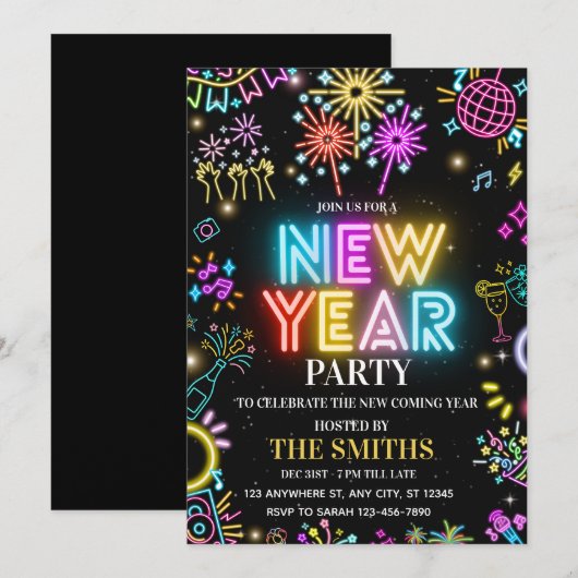 New Years Party invite, Glow NYE invitation Kaart (Voorkant / Achterkant)