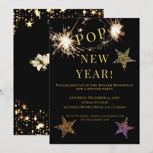 New Years Party Invite Sparklers Gold Invitation Kaart (Voorkant / Achterkant)