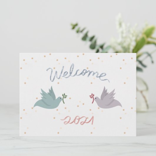New Year's Peace Doves Starry Flat Feestdagenkaart (Staand voorkant)